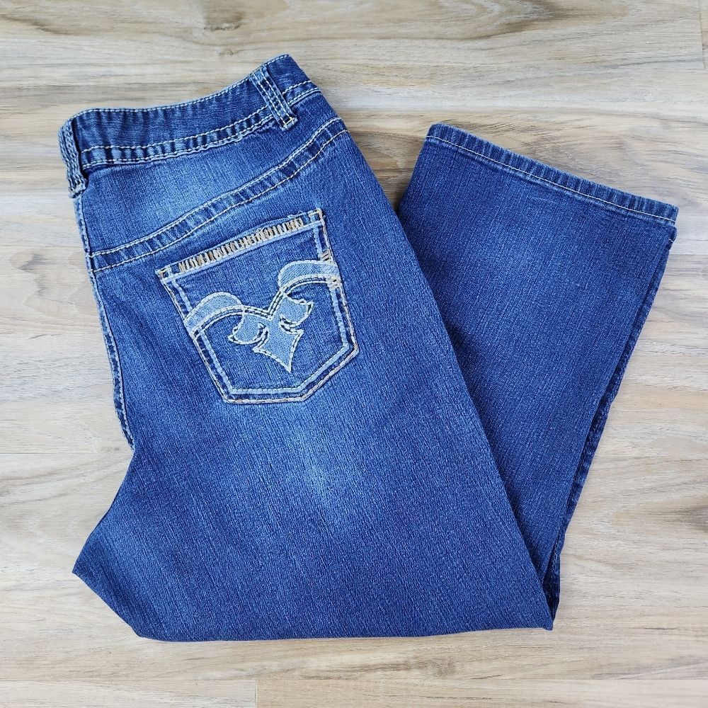 💇‍♀️Lane Bryant Blue Denim Tan Embroider Capri Jeans Size 18